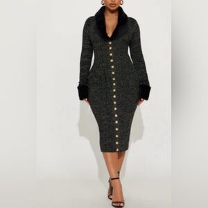 Fashion Nova Black & gold midi dress with fur collar and wrists & gold buttons